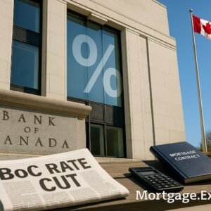 Canadian flag outside Bank of Canada building, symbolizing expected September 2025 interest rate cut.