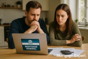 Canadian couple reviewing mortgage renewal options on a laptop at home, appearing uncertain about future interest rates.