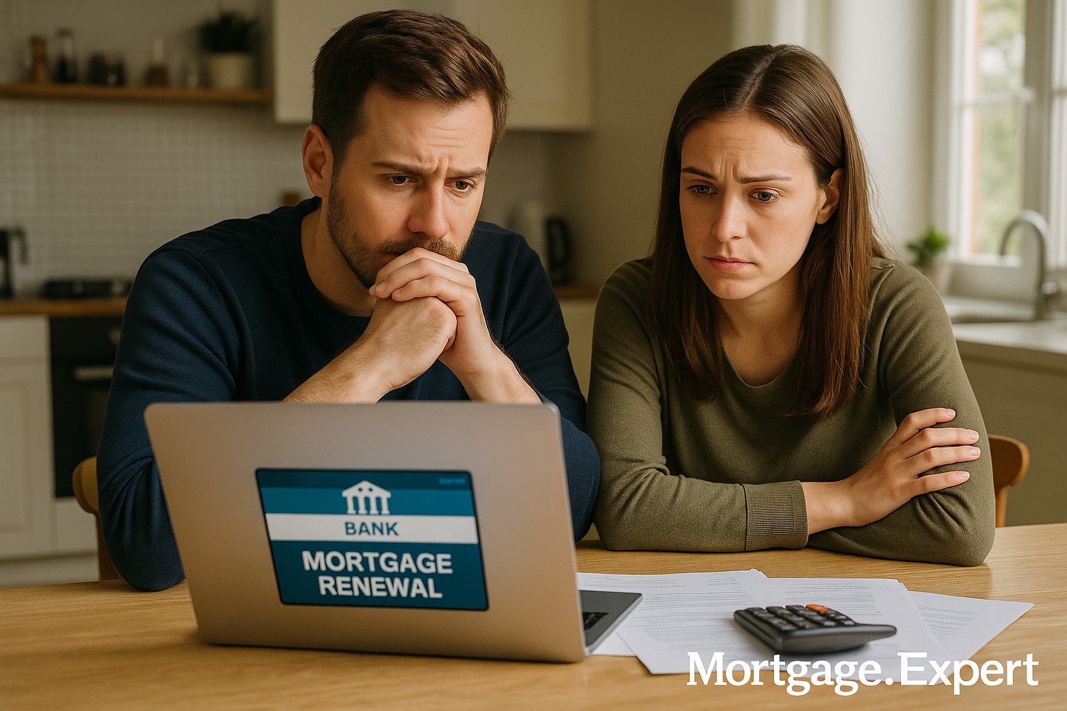 Canadian couple reviewing mortgage renewal options on a laptop at home, appearing uncertain about future interest rates.