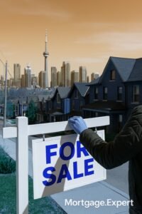 A homeowner removes a “For Sale” sign in front of suburban houses with downtown Toronto’s skyline and the CN Tower in the background, symbolizing cancelled property listings.