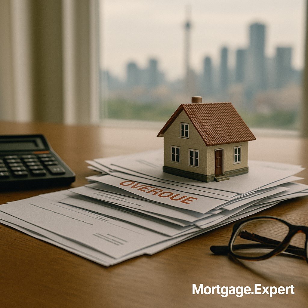 Stack of bills and a small house model on a table with calculator and glasses, symbolizing Ontario mortgage stress.