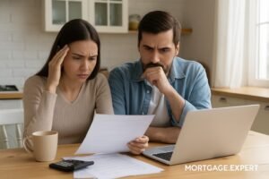 Canadian couple reviewing mortgage renewal documents at home, symbolizing rising payment concerns.