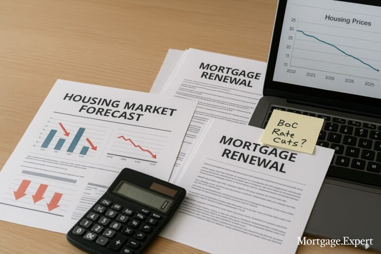 “Desk with housing forecast reports, mortgage documents, and a laptop showing declining housing price chart.”