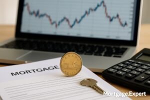 “Canadian dollar coin on forex chart with mortgage papers and calculator, symbolizing impact of Bank of Canada rate cut on currency and mortgages.”