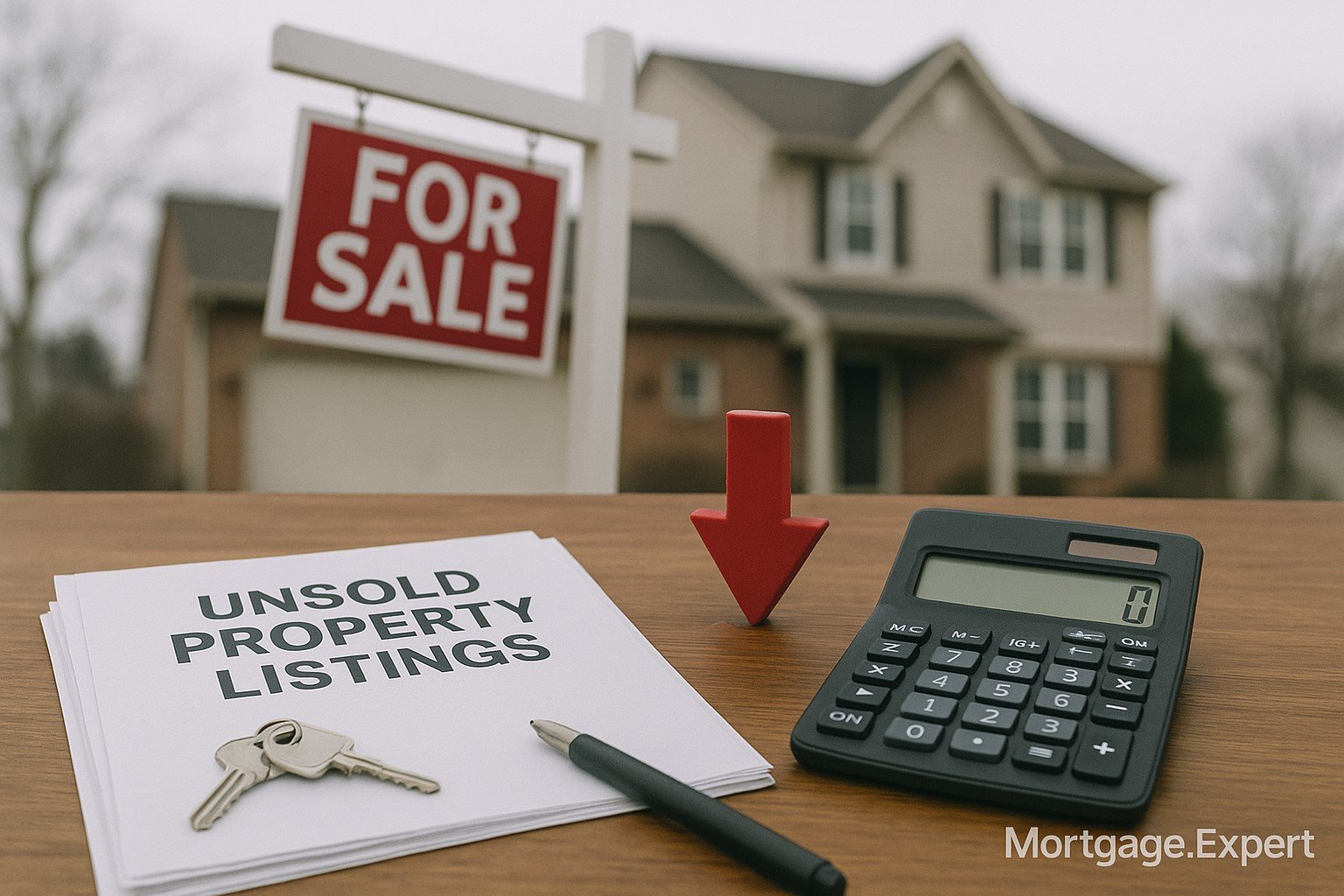 “A Canadian suburban home with a tilted ‘For Sale’ sign in the yard, viewed behind a wooden desk holding unsold property listings, house keys, a calculator, and a red downward arrow figurine symbolizing falling prices.”