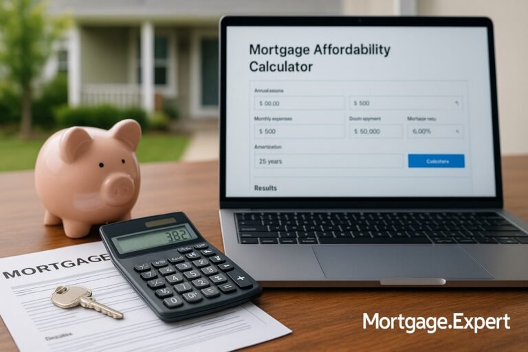 A wooden desk with a calculator, house key, and mortgage documents next to a laptop displaying a mortgage affordability calculator, with a piggy bank in the background and a suburban Canadian home blurred outside.