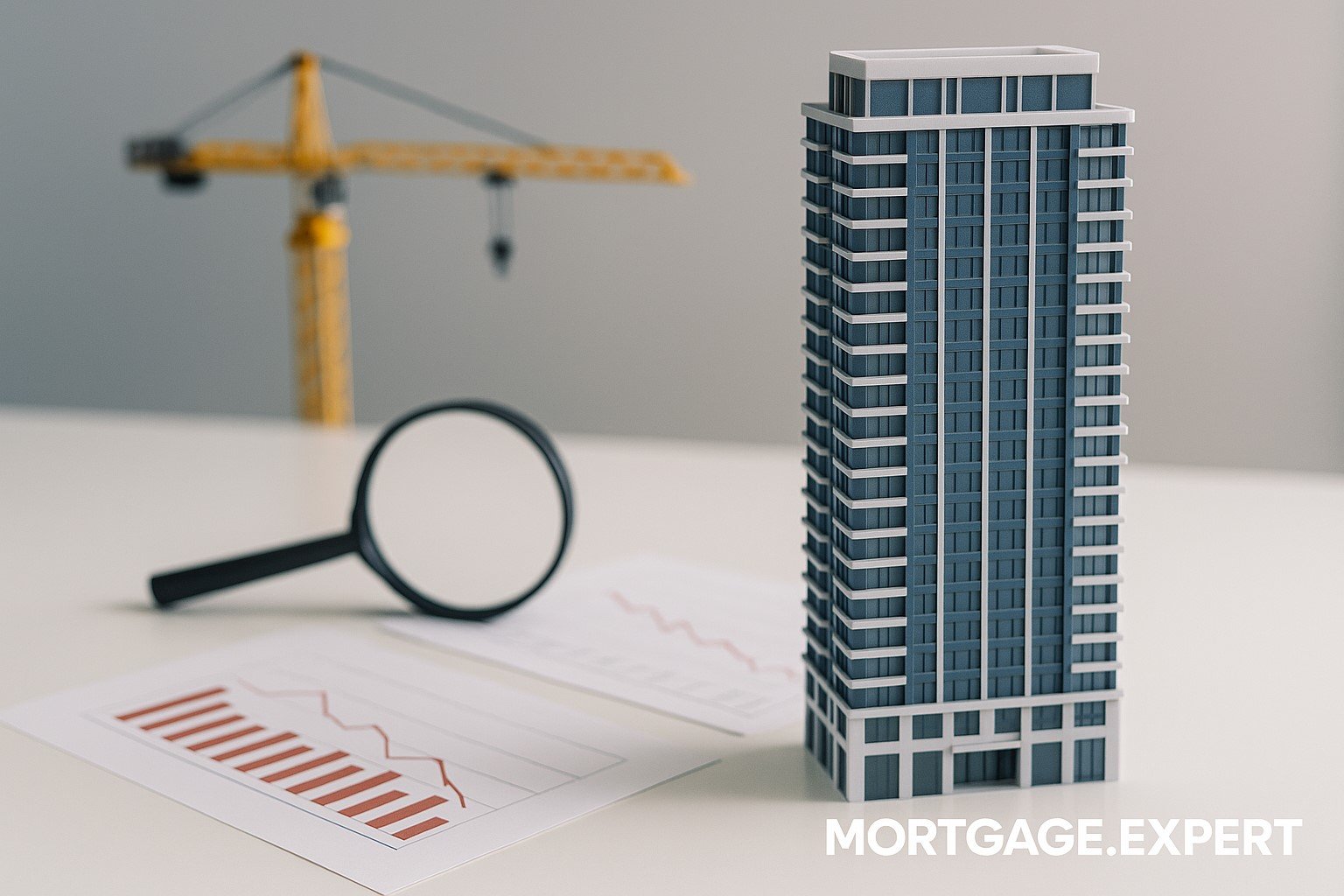 Scale model of a Toronto condo tower with charts and crane symbolizing market slowdown.