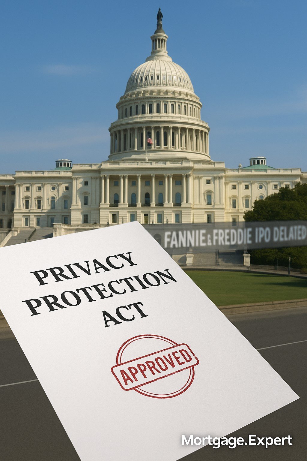U.S. Capitol with Privacy Protection Act document approved, symbolizing Trump’s trigger-leads ban and mortgage policy changes.