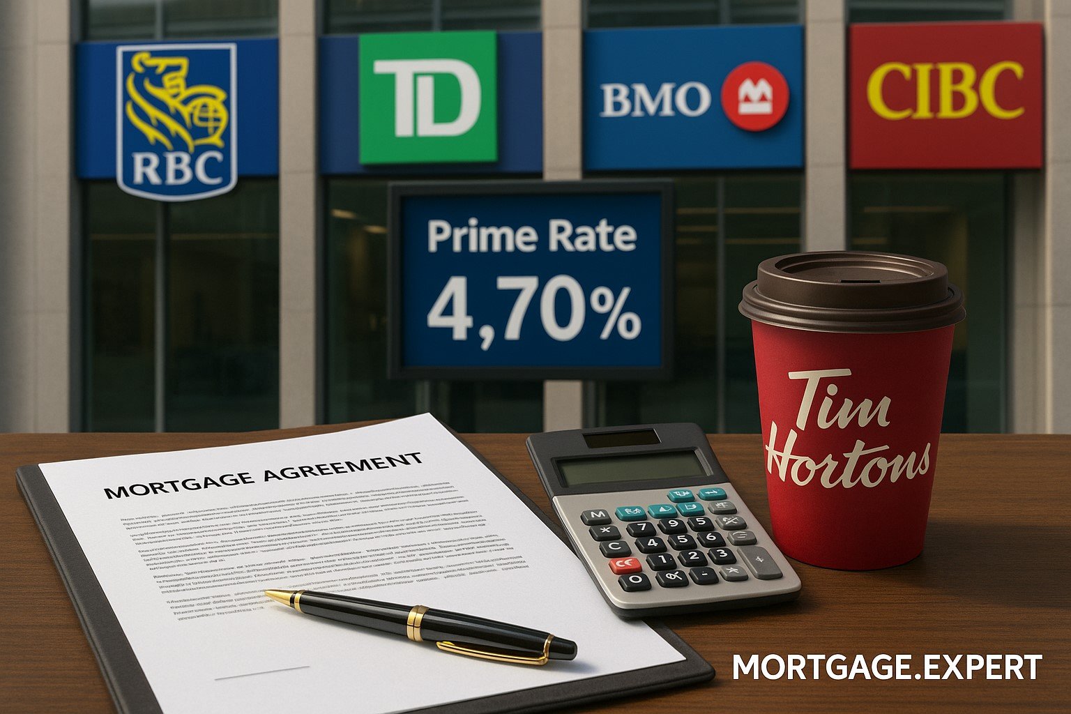 Canadian bank branch with RBC, TD, BMO, and CIBC signs, digital board showing Prime Rate 4.70%, and a desk with mortgage agreement, calculator, and Tim Hortons coffee cup.