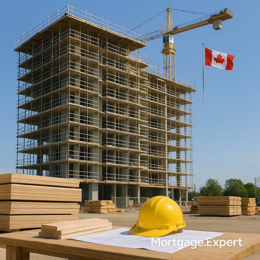 Canadian construction site with cranes and unfinished condo tower, symbolizing slowdown in housing starts in August 2025.
