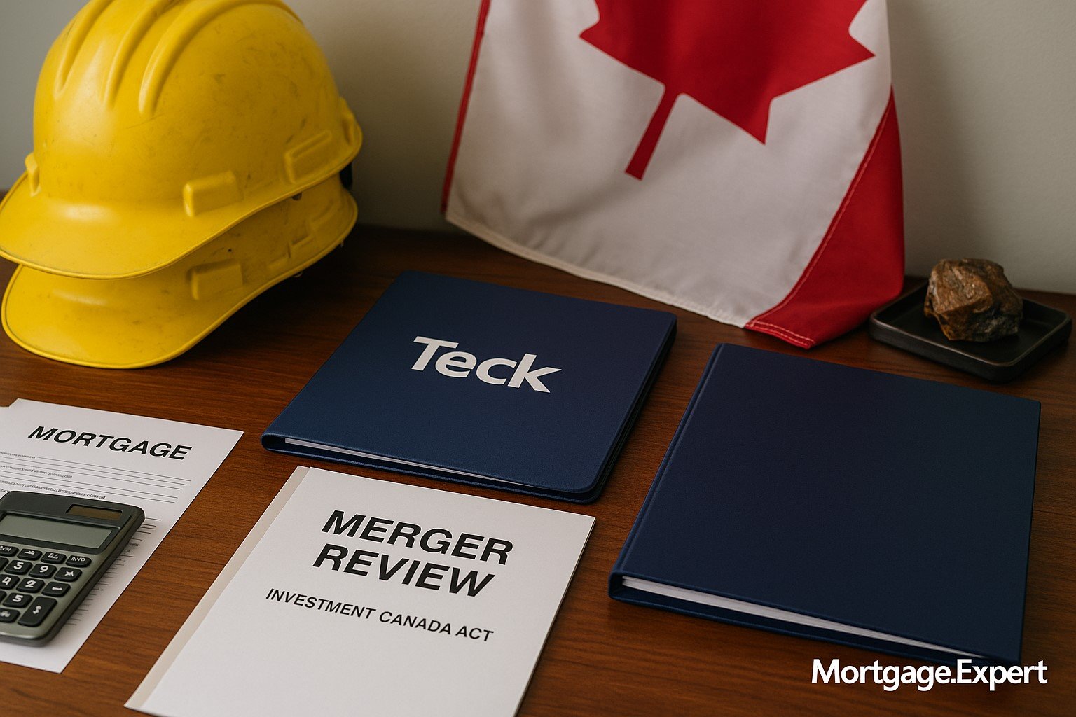 “Canadian flag, merger review documents, mining helmets, and mortgage paperwork on a desk — symbolizing Canada’s review of the Teck–Anglo merger and its impact on economy and housing.”