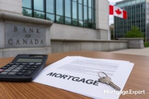 “Bank of Canada building in Ottawa with mortgage documents, calculator, and house key symbolizing impact of rate cut on Canadian homeowners.”
