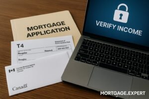 CRA tax documents and a mortgage application file on a desk, with a digital lock icon overlay symbolizing income verification and privacy concerns.