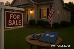 Suburban home with “For Sale” sign as U.S. mortgage rates drop to lowest in a year.