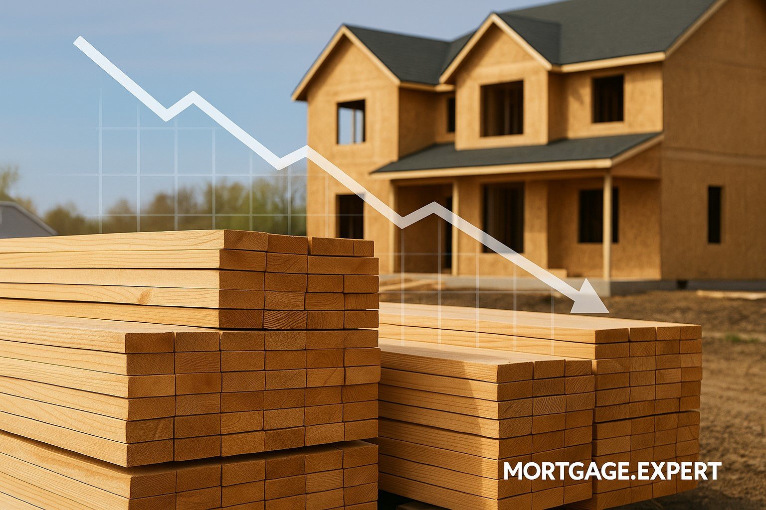 Stacks of lumber at a Canadian construction site with a downward trend line overlay, symbolizing falling prices and housing market impact.