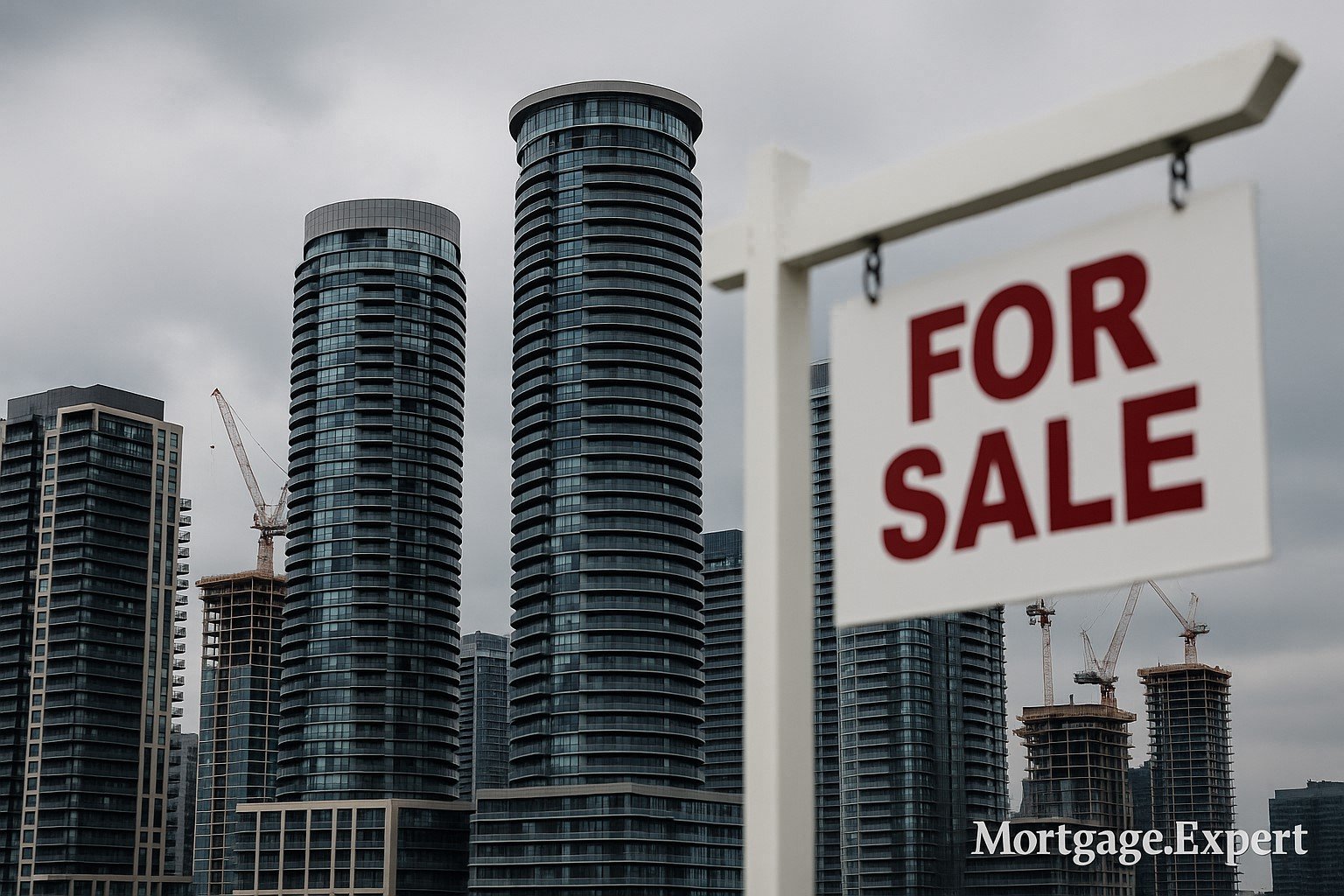 “Toronto condo towers with cranes in the background, symbolizing oversupply in the GTA housing market.”