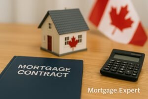 Mortgage contract, calculator, and model house with Canadian flag, symbolizing fixed rates below 4% in September 2025.