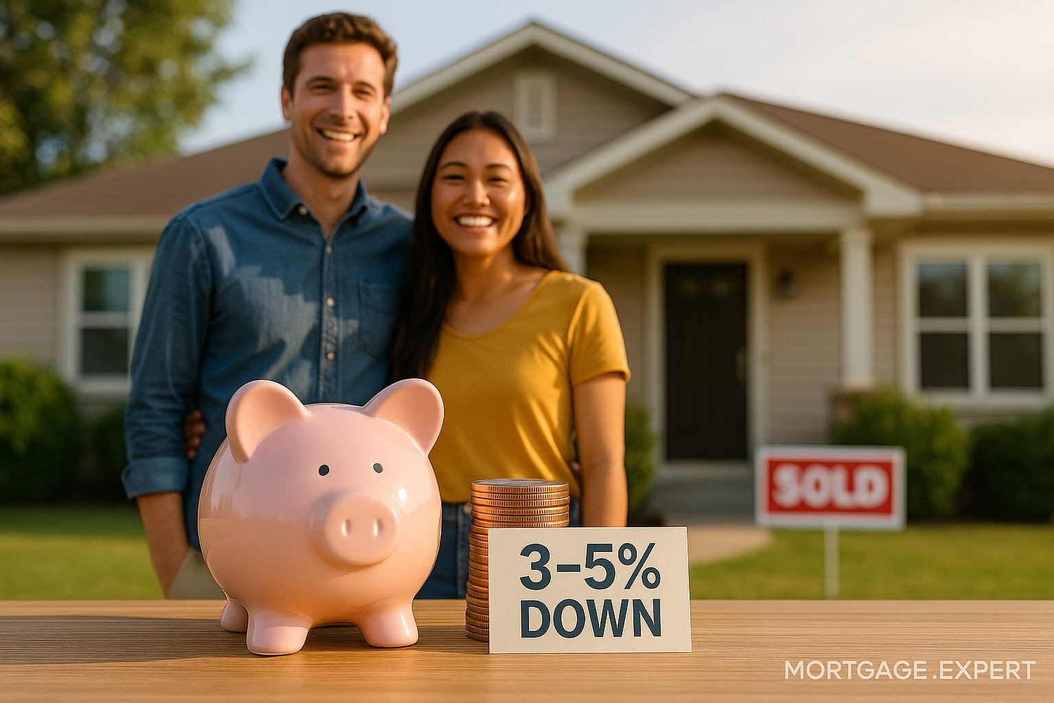 Young couple buying a home with small down payment, symbolizing 3–5% affordability.