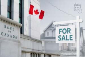 “Bank of Canada building with Canadian flag and a suburban home with For Sale sign, symbolizing mortgage rate decisions in 2025.”