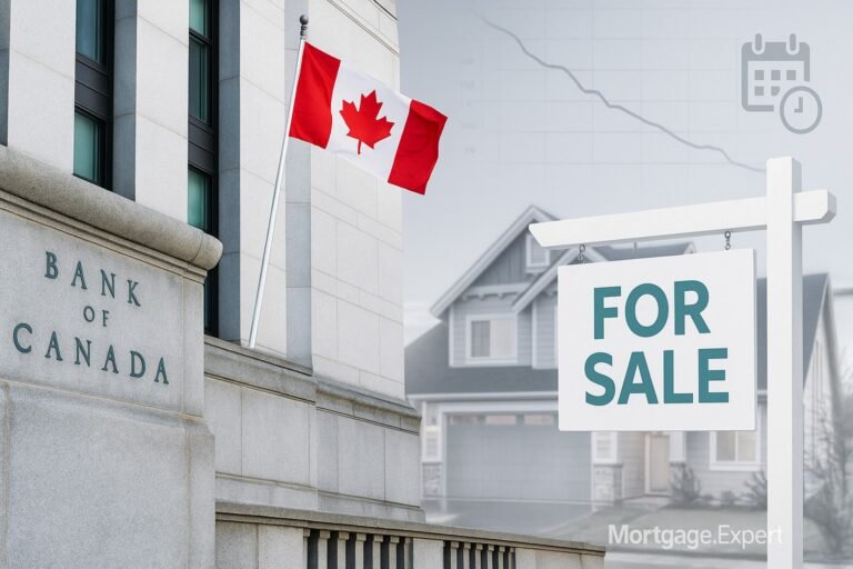 “Bank of Canada building with Canadian flag and a suburban home with For Sale sign, symbolizing mortgage rate decisions in 2025.”