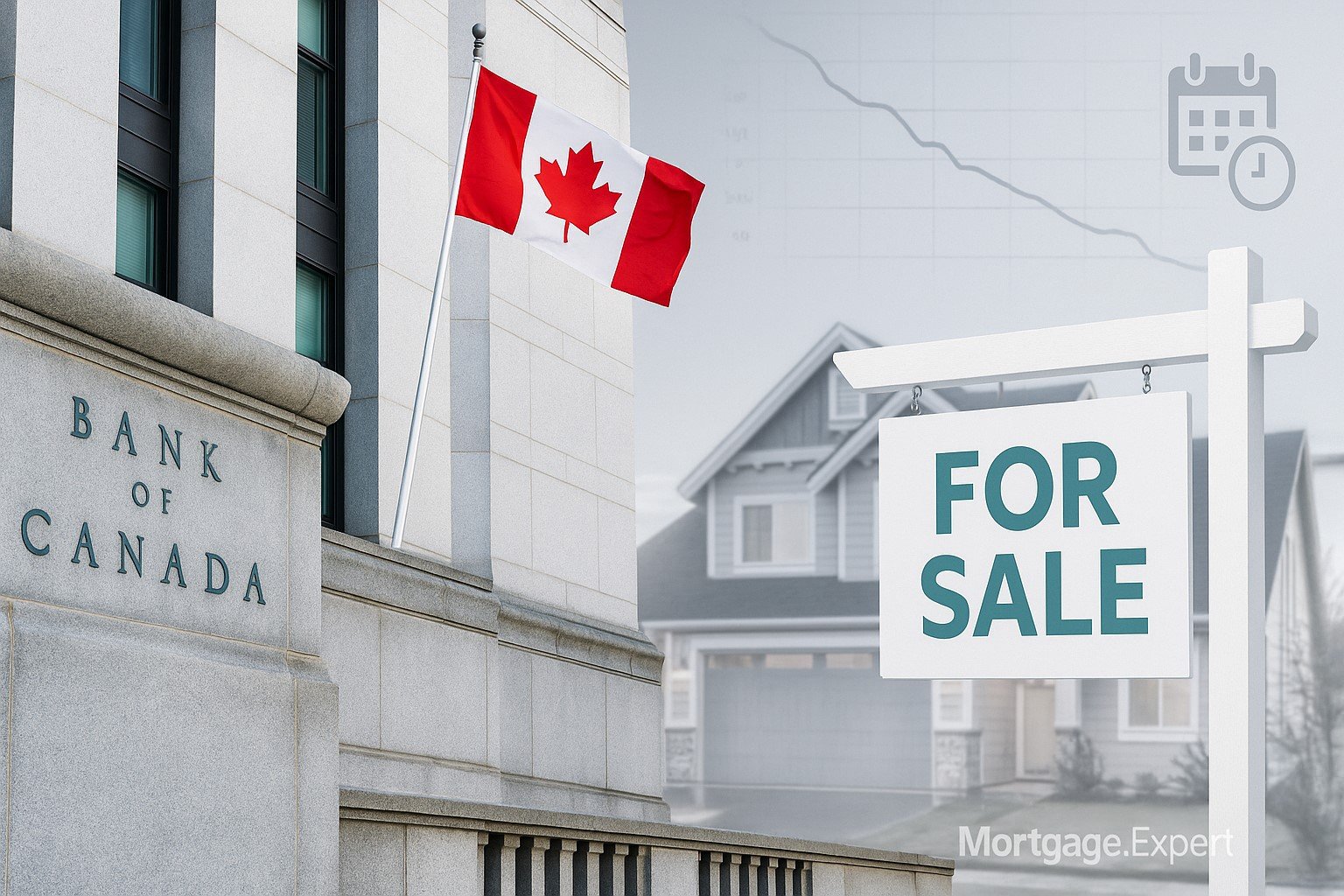 “Bank of Canada building with Canadian flag and a suburban home with For Sale sign, symbolizing mortgage rate decisions in 2025.”