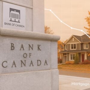 "Bank of Canada building façade with interest rate graph trending downward, suburban Canadian homes and autumn leaves in background, symbolizing October 2025 rate cut."
