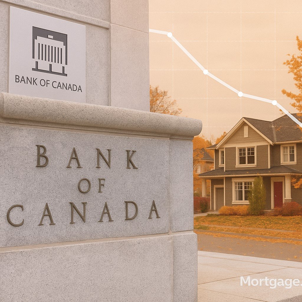 "Bank of Canada building façade with interest rate graph trending downward, suburban Canadian homes and autumn leaves in background, symbolizing October 2025 rate cut."