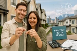 “First-time home buyers in British Columbia holding house keys with rebate documents and Vancouver skyline in background.”