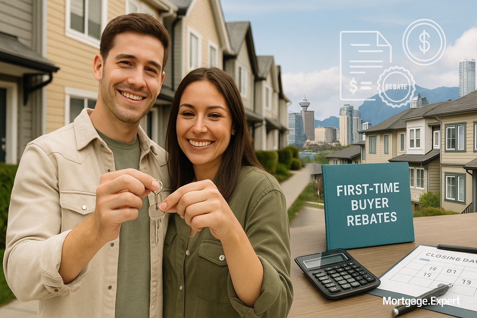 “First-time home buyers in British Columbia holding house keys with rebate documents and Vancouver skyline in background.”