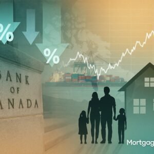 “Bank of Canada facade with falling interest rate arrows, global trade ship, bond yield chart, and Canadian family silhouette in front of a house — symbolizing mortgage rate decisions and homebuyer uncertainty.”