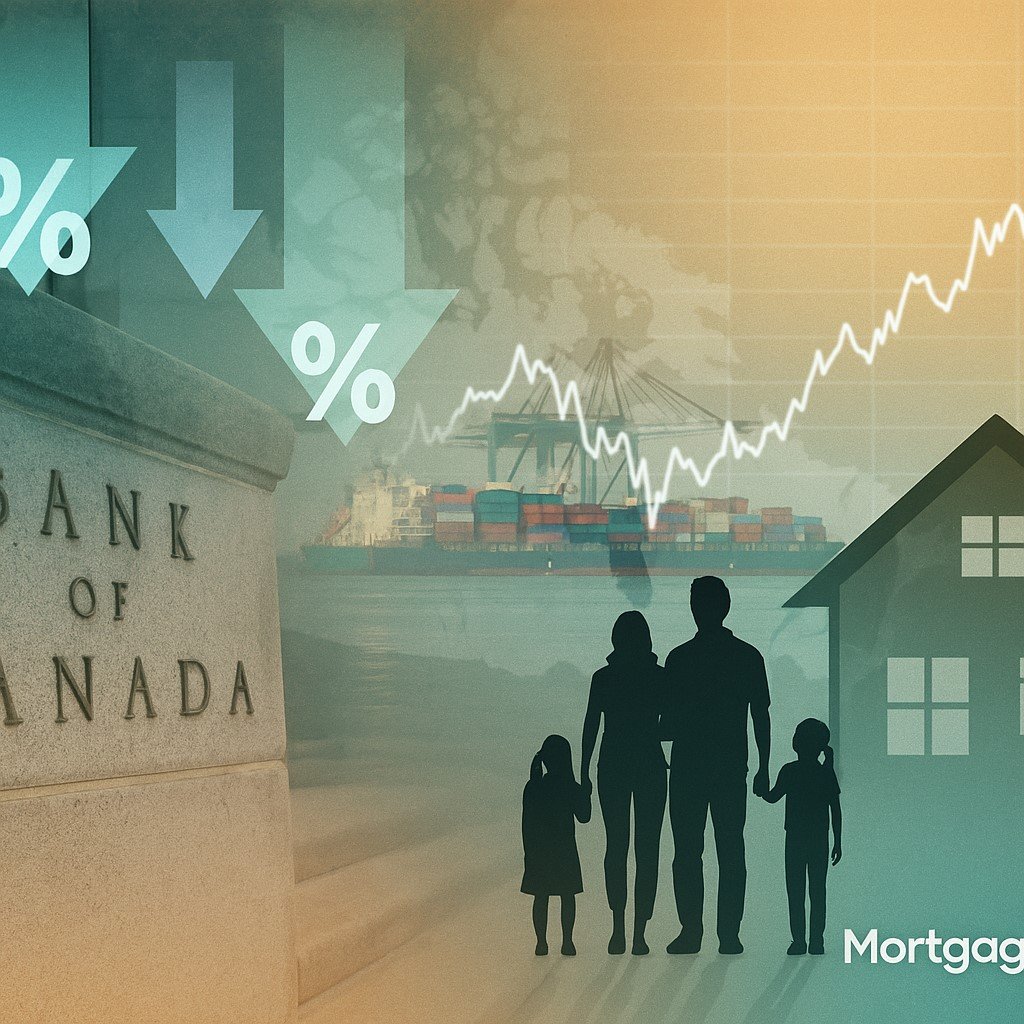 “Bank of Canada facade with falling interest rate arrows, global trade ship, bond yield chart, and Canadian family silhouette in front of a house — symbolizing mortgage rate decisions and homebuyer uncertainty.”