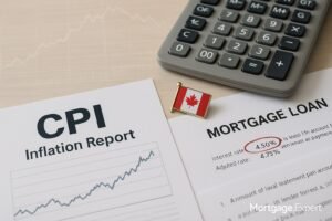 “CPI inflation report, Canadian flag pin, mortgage loan document with circled interest rate, and calculator on desk”