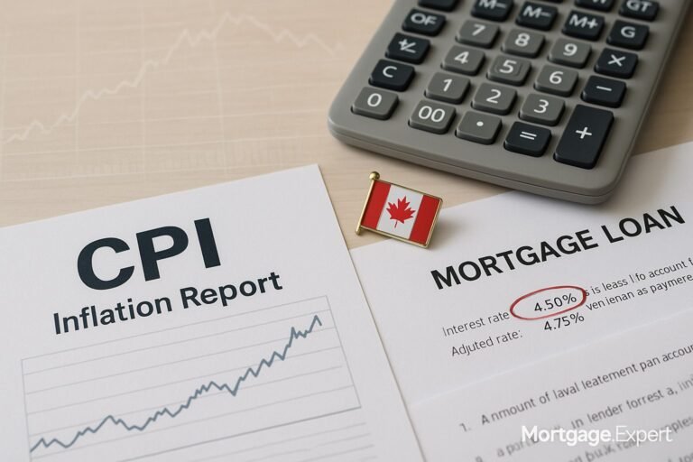 “CPI inflation report, Canadian flag pin, mortgage loan document with circled interest rate, and calculator on desk”