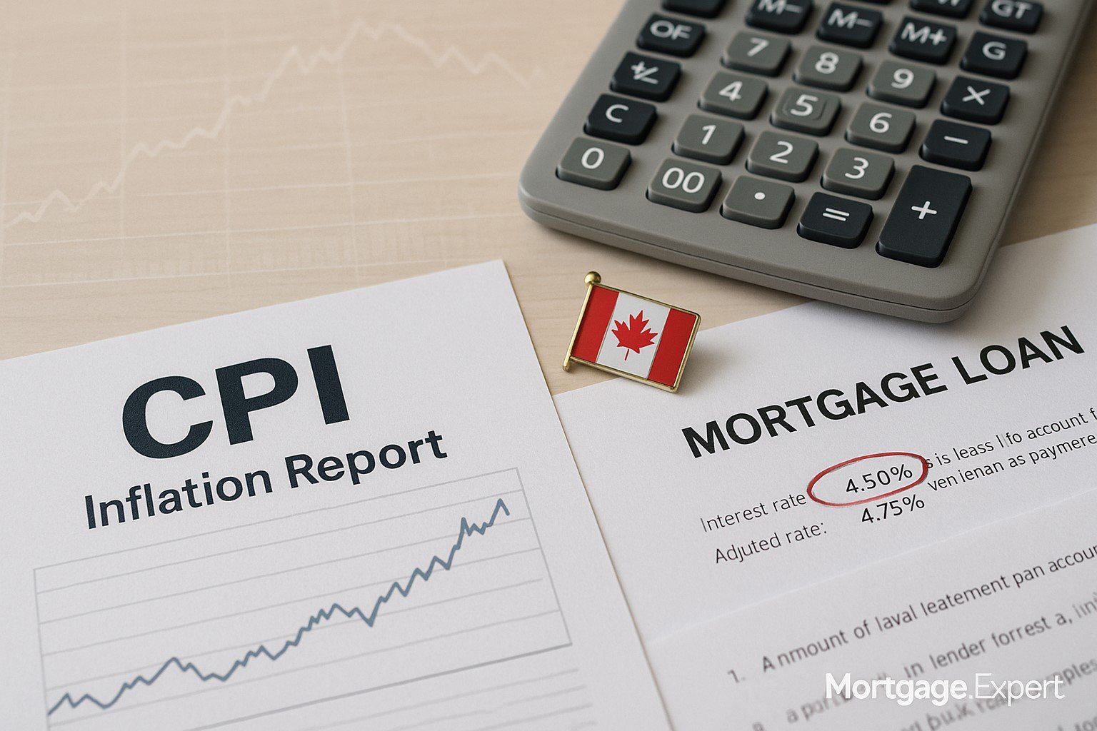 “CPI inflation report, Canadian flag pin, mortgage loan document with circled interest rate, and calculator on desk”