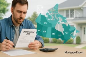 “Canadian homeowner reviewing mortgage discharge fee document with map highlighting provinces Ontario, BC, Alberta, Quebec, Manitoba, and Saskatchewan.”