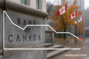 “Bank of Canada building façade with engraved inscription, overlaid with an interest rate graph showing a dip and plateau, Canadian flags and autumn leaves in the background, Mortgage.Expert watermark bottom-right.”