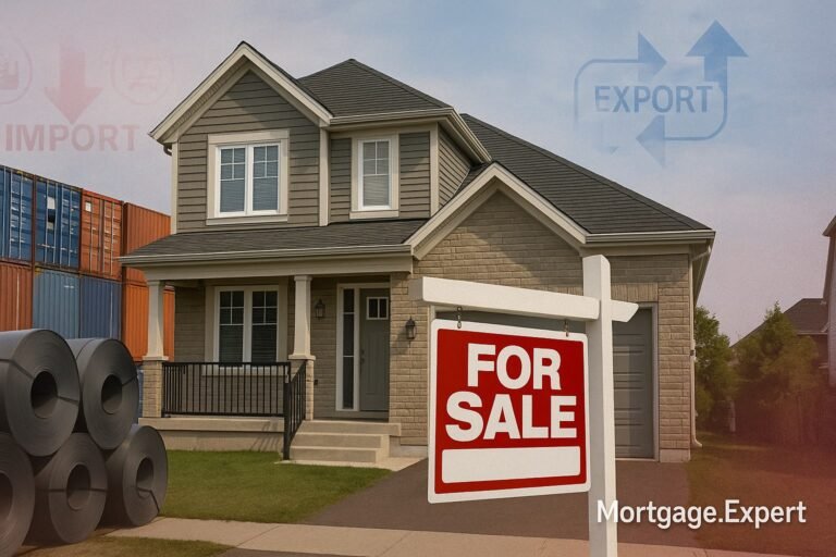 Canadian mortgage market visual showing suburban home and trade shipping containers, symbolizing impact of U.S.–Canada tariff dispute.