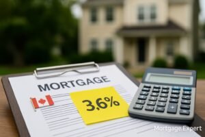 “Canadian mortgage contract with calculator showing 3.6% rate, representing lowest 5-year variable mortgage rate in Canada.”