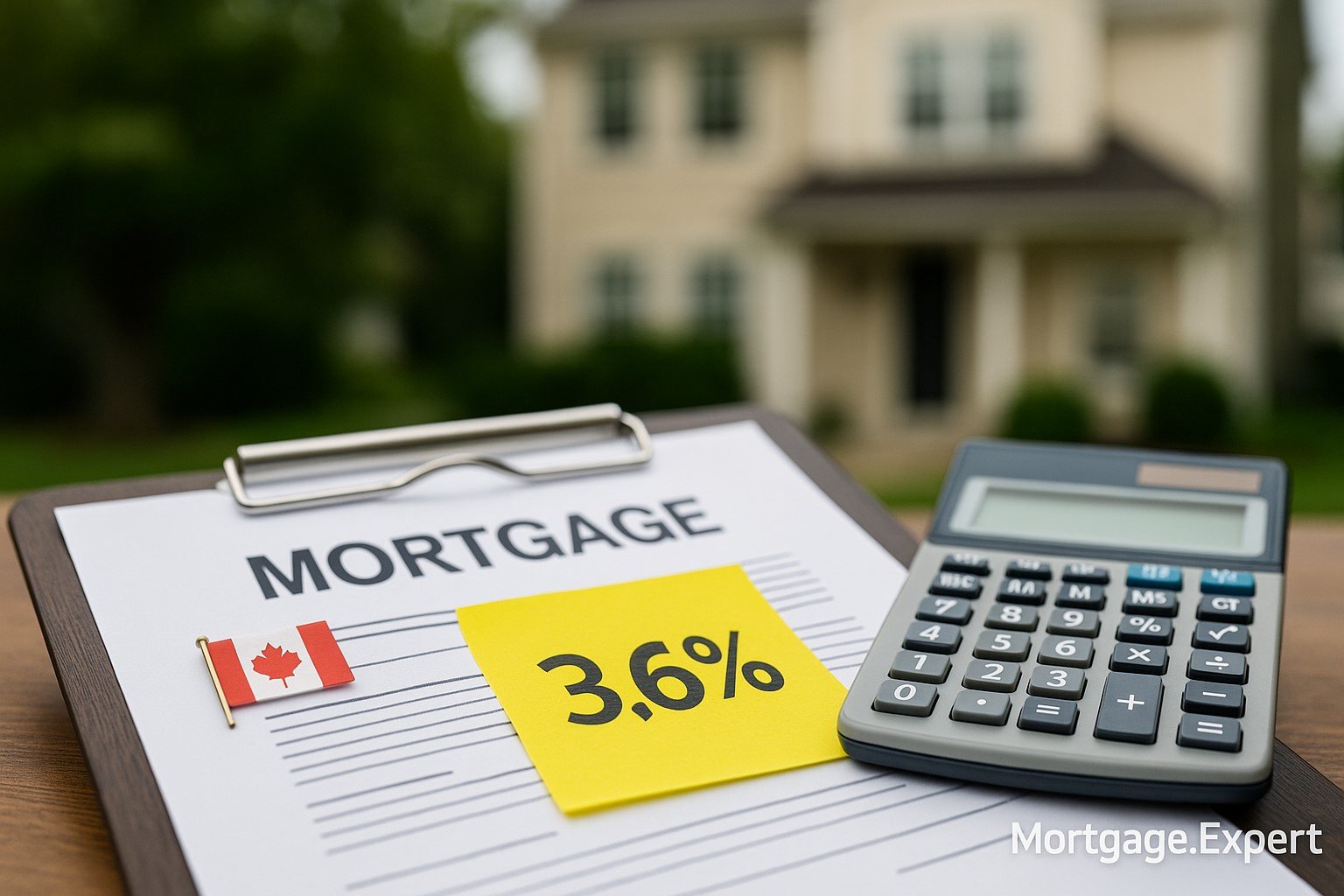 “Canadian mortgage contract with calculator showing 3.6% rate, representing lowest 5-year variable mortgage rate in Canada.”