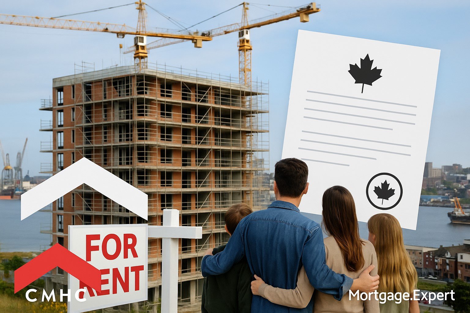 “Residential building under construction in Saint John with cranes and scaffolding, CMHC logo and announcement document overlay, harbour skyline in background, Mortgage.Expert watermark bottom-right.”