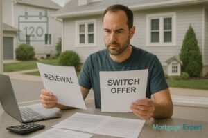 “Canadian homeowner reviewing mortgage renewal and switch offers at kitchen table with documents and laptop.”