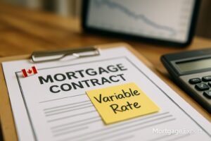 Close-up of a Canadian mortgage contract on a clipboard with a “Variable Rate” sticky note, a small Canada flag pin, and a calculator, with a blurred downward chart in the background (Mortgage.Expert watermark).