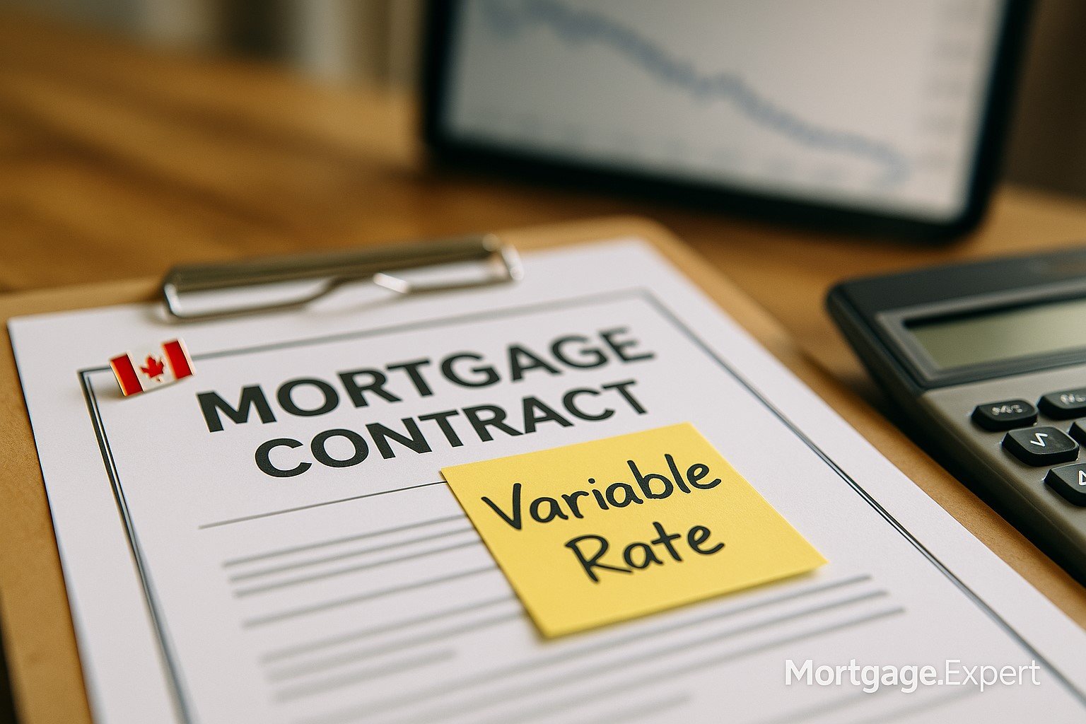 Close-up of a Canadian mortgage contract on a clipboard with a “Variable Rate” sticky note, a small Canada flag pin, and a calculator, with a blurred downward chart in the background (Mortgage.Expert watermark).