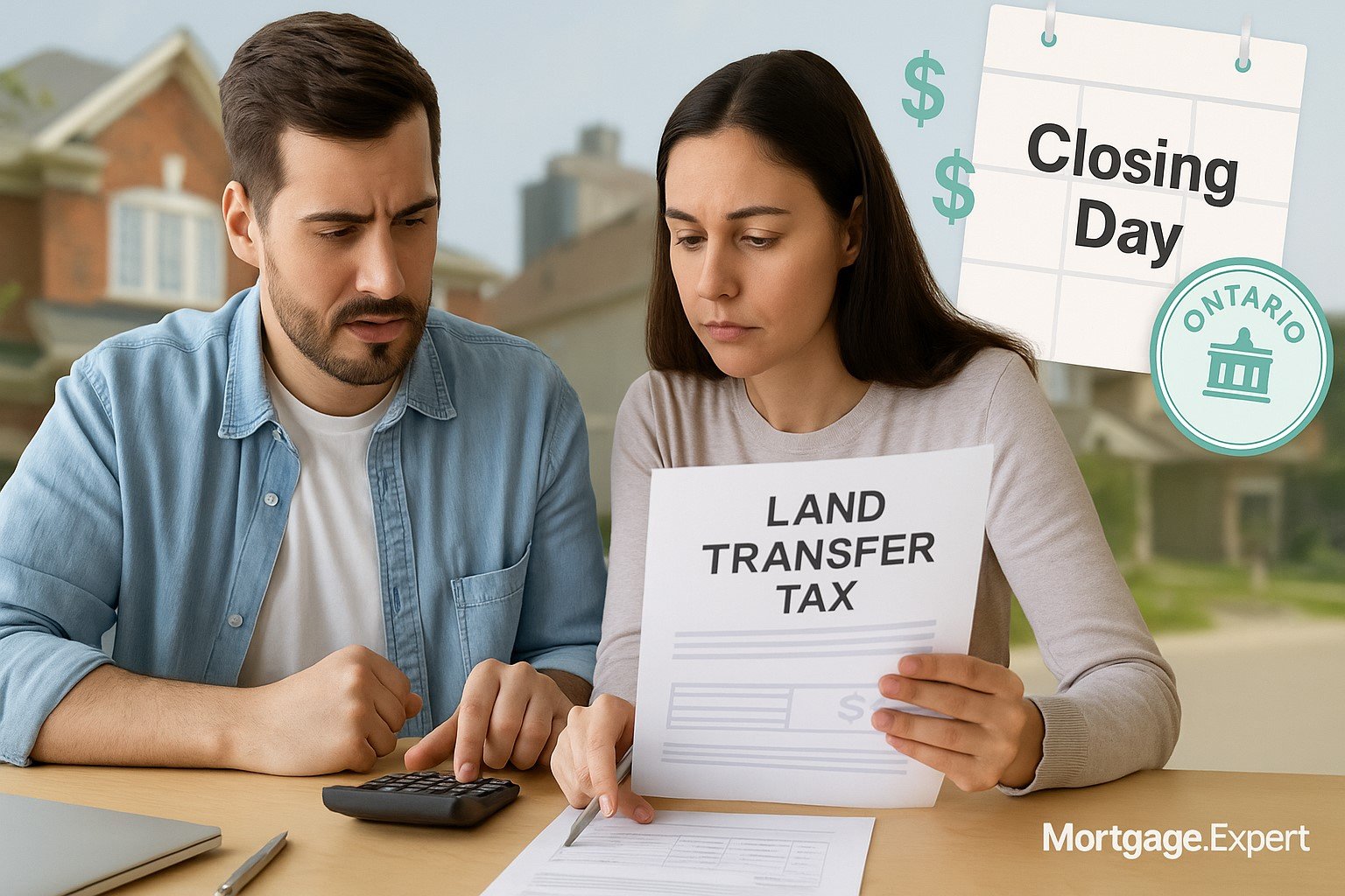 “Canadian homebuyers calculating Ontario land transfer tax with closing documents, calculator, and suburban home in background.”