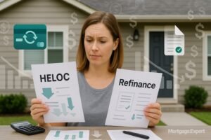 “Canadian homeowner comparing HELOC and refinance options with house in background and financial charts overlay.”