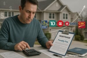 “Canadian homeowner calculating mortgage penalty costs with RBC, TD, Scotiabank, BMO, and CIBC logos in background.”