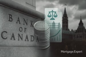 “Bank of Canada building in Ottawa with stacked Canadian dollar coins and Parliament silhouette in the background, symbolizing economic risks and policy uncertainty.”