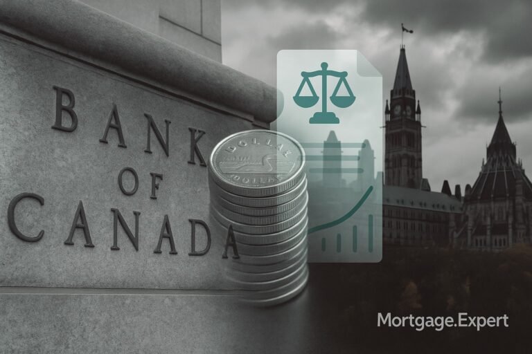 “Bank of Canada building in Ottawa with stacked Canadian dollar coins and Parliament silhouette in the background, symbolizing economic risks and policy uncertainty.”