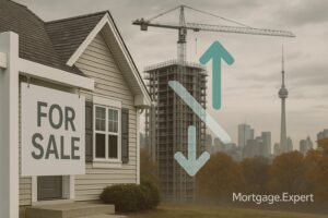 “Canadian housing market contrast with a For Sale sign beside a suburban home and cranes building new apartments in the background, symbolizing falling sales but rising housing starts.”