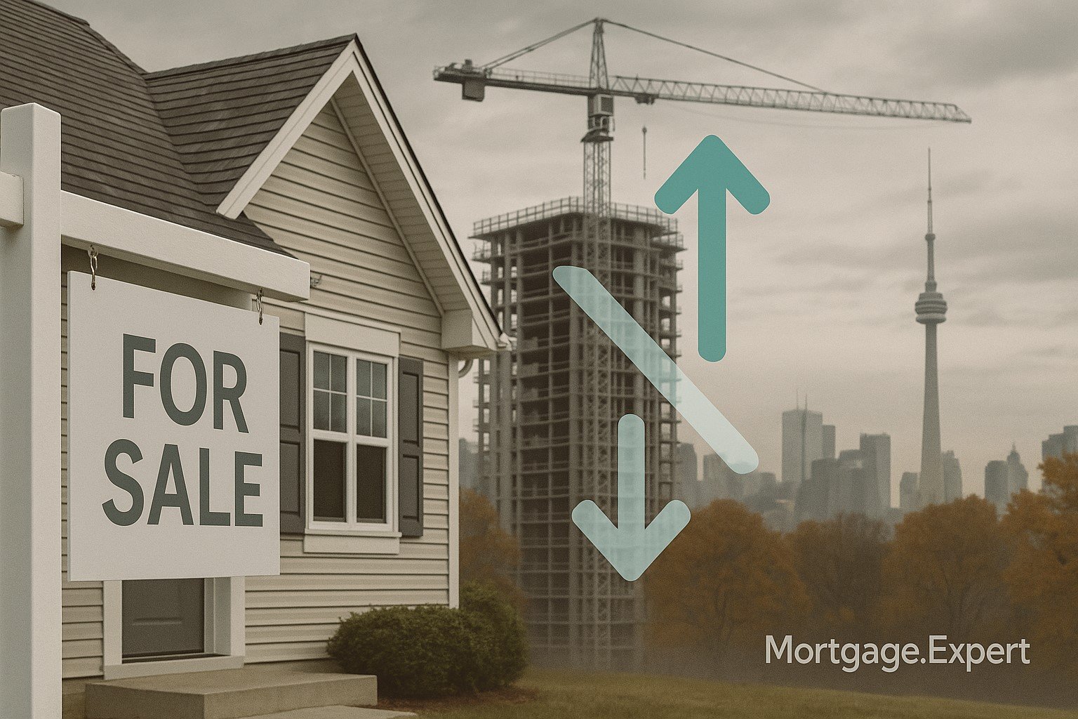 “Canadian housing market contrast with a For Sale sign beside a suburban home and cranes building new apartments in the background, symbolizing falling sales but rising housing starts.”